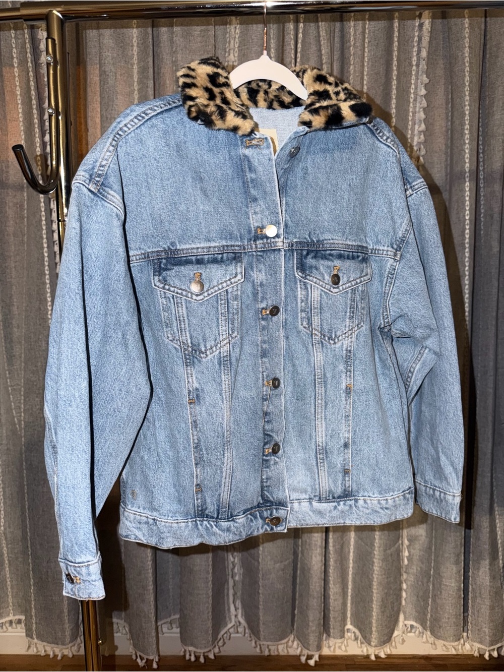 Pilcro- Light Blue Denim Jacket with Faux Leopard Collar